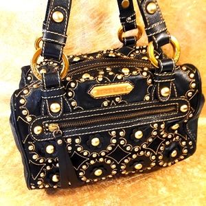 *~* Isabella Fiore Leather Studded Floral Boho Satchel Handbag ~ Gold,Stitched *